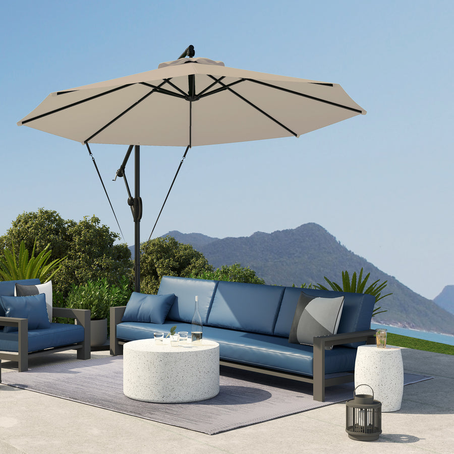 3(m) Garden Cantilever Parasol with Cover and Wind Protection Strap, Round Overhanging Umbrella with Crank Handle and Tilt, Banana Patio Umbrella for Outdoor Sun Shade, UPF50+, Khaki