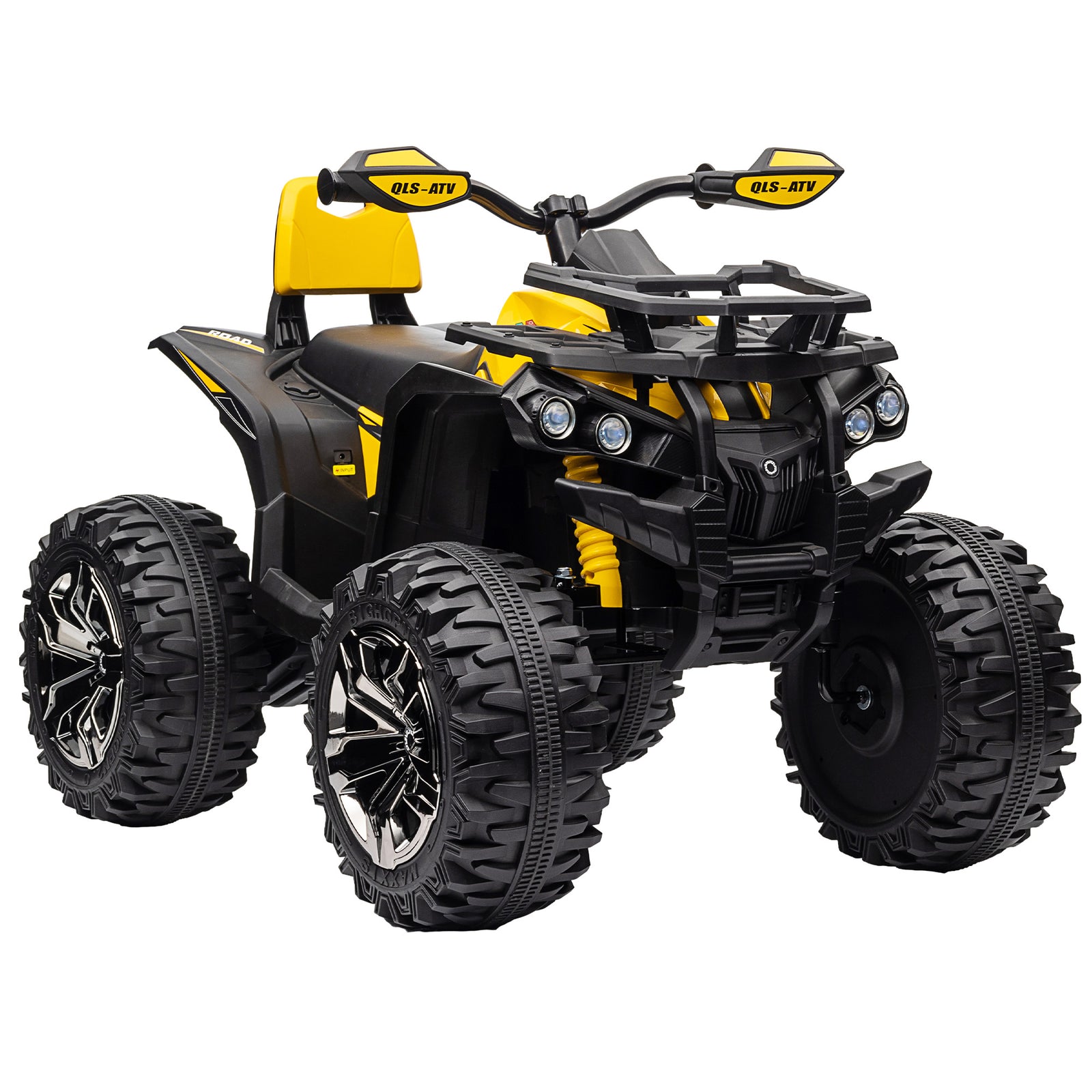 12V Quad Bike ATV with LED Lights, Music, Backrest, Forward, Backward, Yellow
