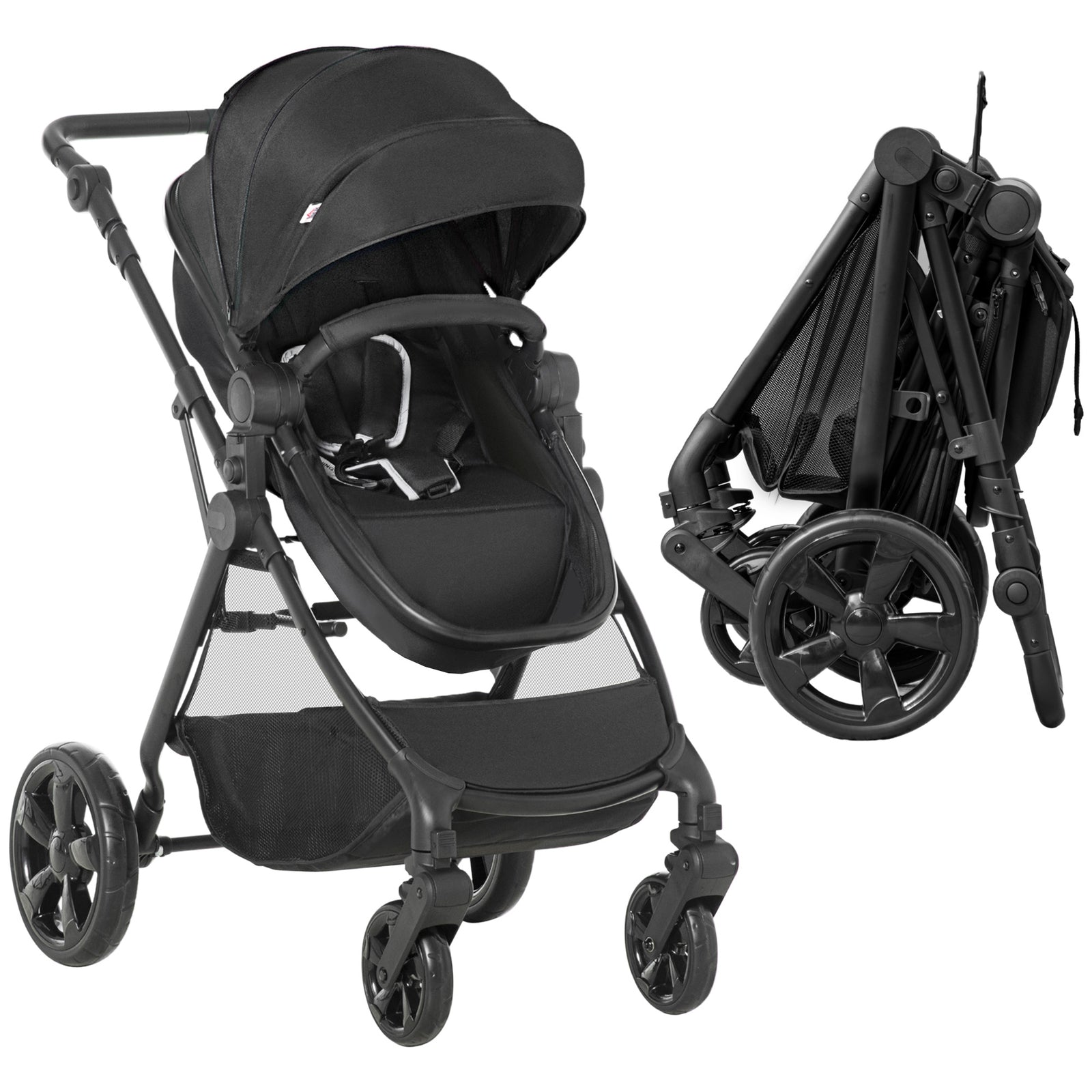 Foldable Baby Stoller, with Reclining Backrest, Adjustable Canopy, for Ages 0-36 Months - Black