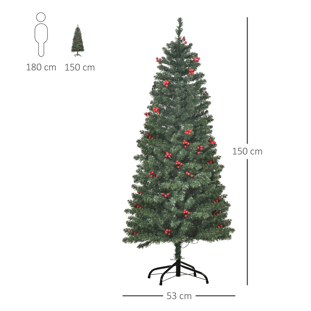 HOMCOM 5FT Prelit Artificial Pencil Christmas Tree with Warm White LED Light, Red Berry, Holiday Home Xmas Decoration, Green | Aosom UK