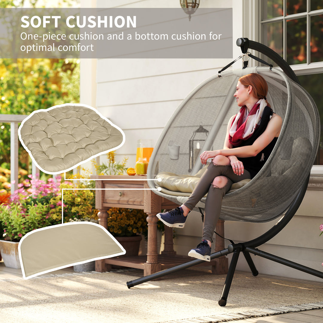 Double Hanging Egg Chair 2 Seaters Texteline Swing Hammock Chair with Stand, Cushion and Folding Design, for Indoor and Outdoor, Brown