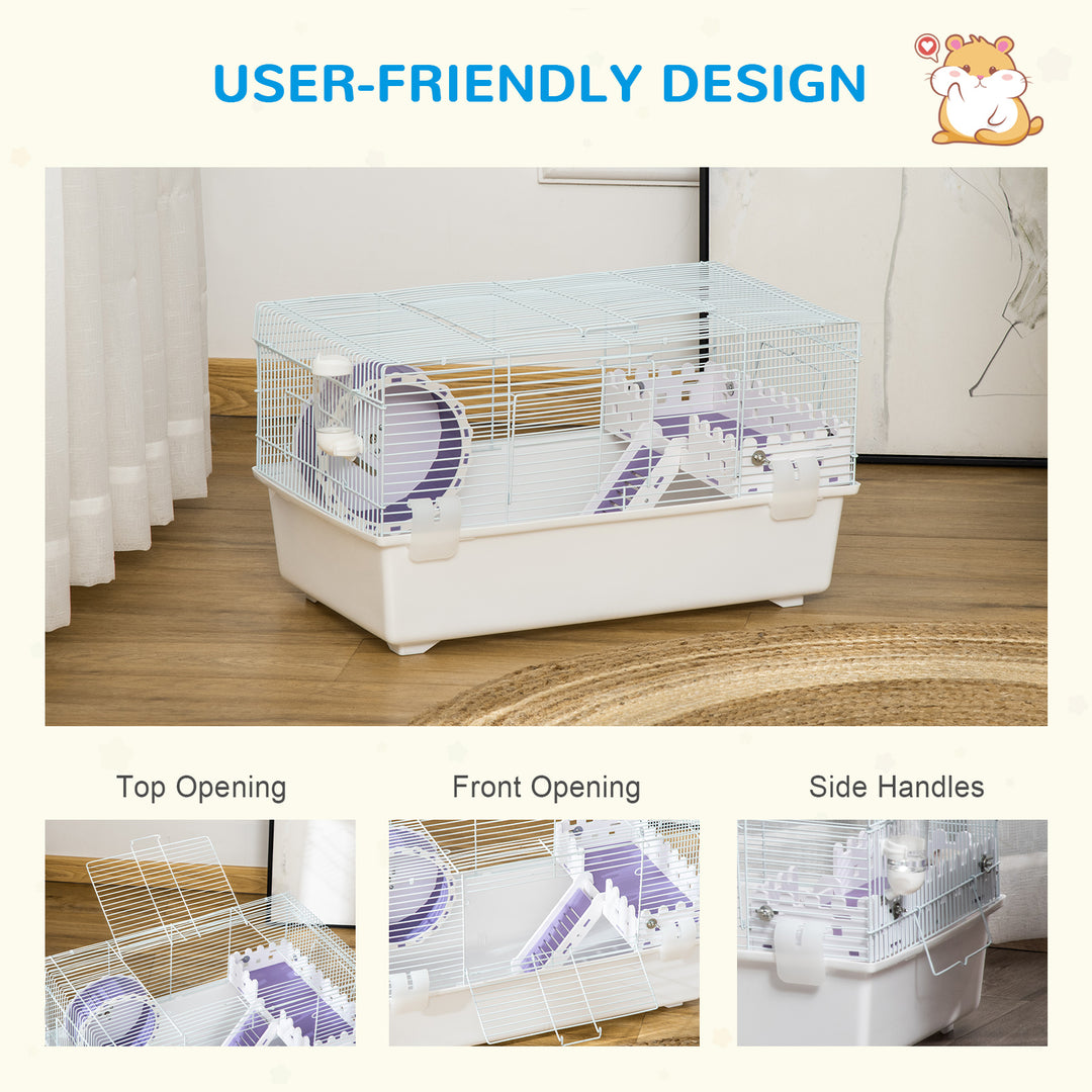 2 Tier Hamster Cage, Gerbil Cage with Exercise Wheel, Water Bottle, Ladder, White