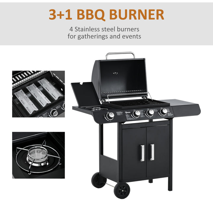 3+1 Burner Gas BBQ Grill, Outdoor Barbecue Trolley with Wheels, Warming Rack, Side Shelves, Cabinet, Thermometer for Garden, Party, Camping, 110L x 50W x 100Hcm, Black