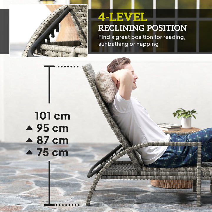 Reclining Rattan Lounger, with Extending Footrest - Grey