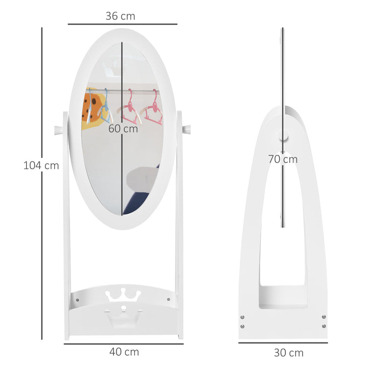 Free Standing Full Length Mirror, Child's Dressing Mirror with storage shelf, Children's White Bedroom Furniture 360° Rotation MDF, For 3- 8 Years Old, 40L x 30W x 104H cm