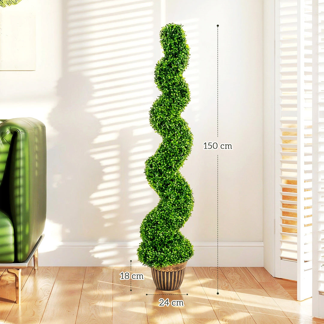 Set of 2 Artificial Plants, Topiary Spiral Boxwood Trees with Pot, for