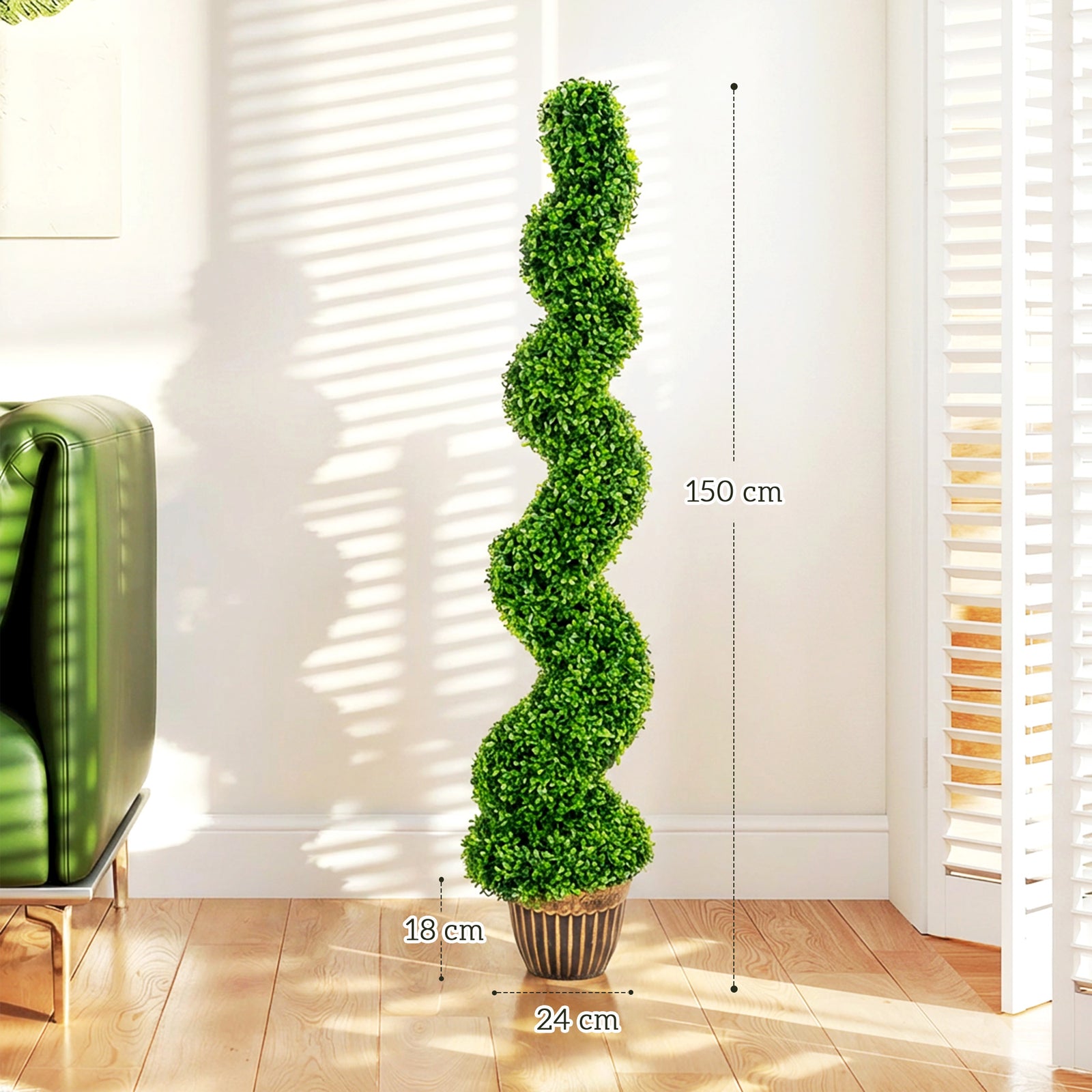 Set of 2 Artificial Plants, Topiary Spiral Boxwood Trees with Pot, for