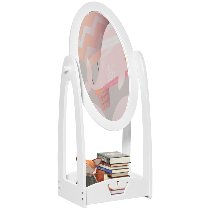 Free Standing Full Length Mirror, Child's Dressing Mirror with storage shelf, Children's White Bedroom Furniture 360° Rotation MDF, For 3- 8 Years Old, 40L x 30W x 104H cm