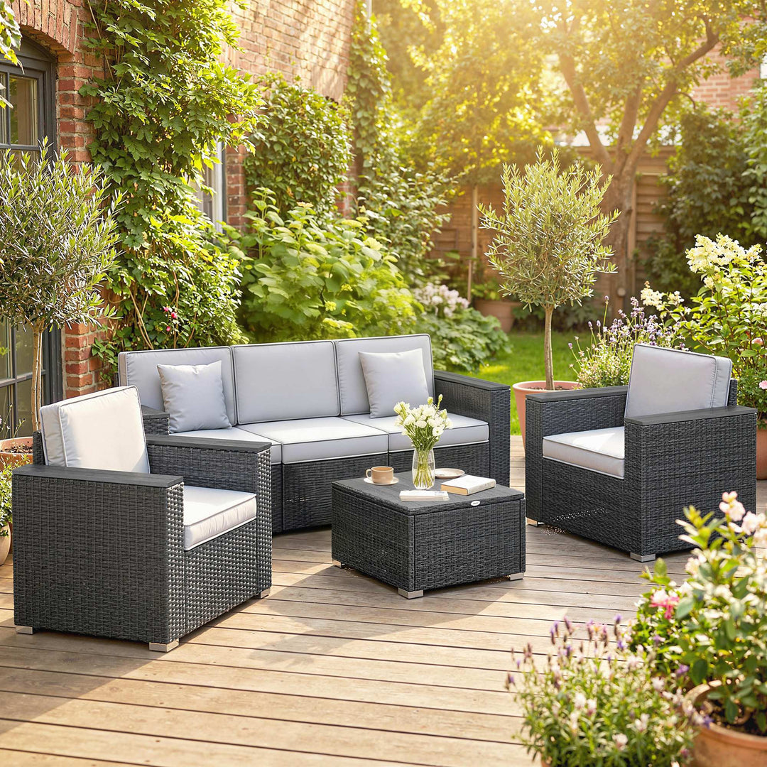 5 Seater Rattan Garden Furniture Set with Wide Armrests, Cushions, Pil