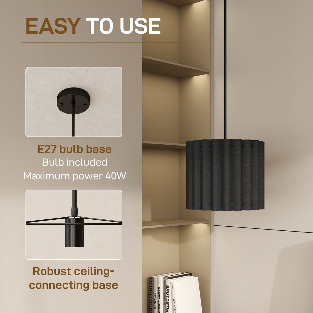 Linen Pendant Light, Modern Wave Ceiling Light Shade, E27 Lampshade for Living Room, Bedroom, Kitchen, Hallway, Black