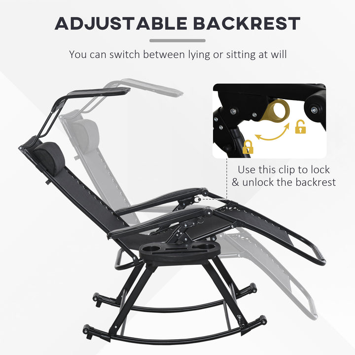 MCL Garden Rocking Chair Folding Recliner Outdoor Adjustable Sun Lounger Rocker Zero-Gravity Seat with Headrest Side Holder Patio Deck - Black