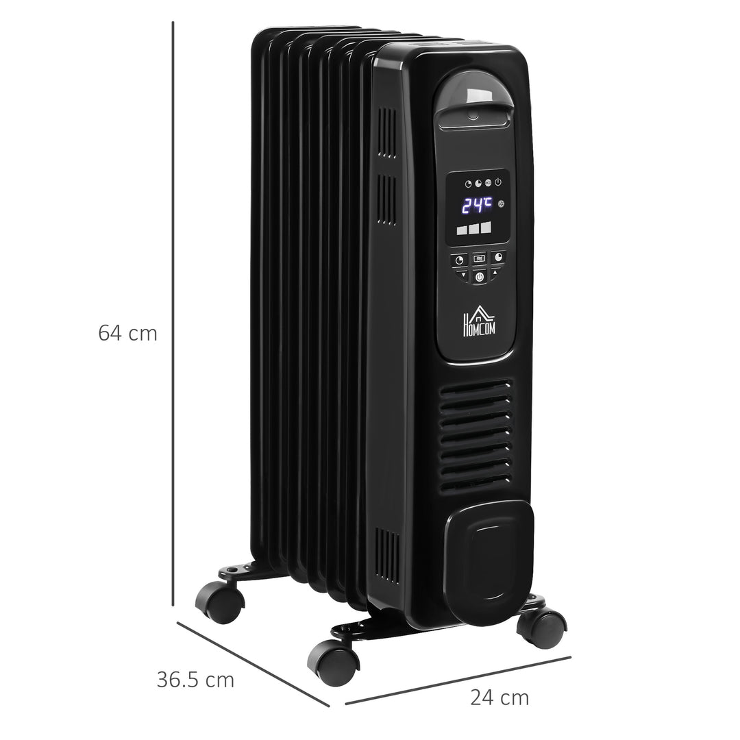 MCL 1500W Digital Oil Filled Radiator, 7 Fin, Portable Electric Heater with LED Display, Built-in Timer, 3 Heat Settings, Safety Cut-Off and Remote Control, Black
