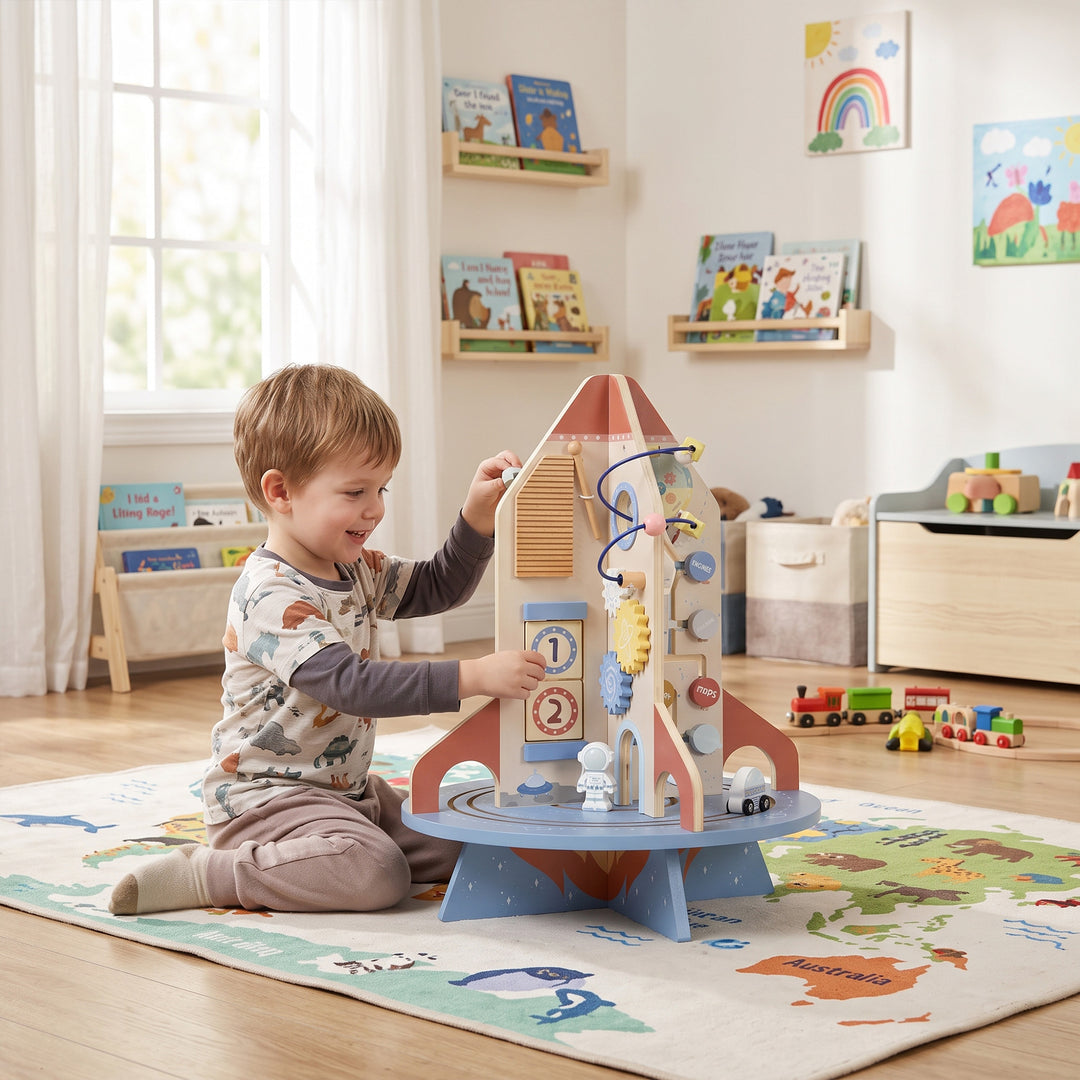Wooden Activity Cube, Rocket Theme Educational Toys with Shape Sorter - view 2