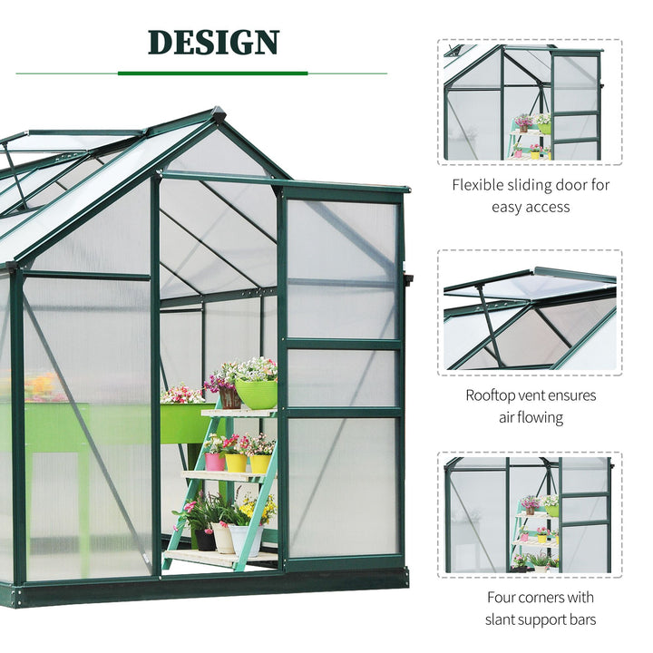 6 x 8ft Polycarbonate Greenhouse, Large Walk-In Green House with Slide Door and Window, Garden Plants Grow House with Aluminium Frame and Foundation, Dark Green