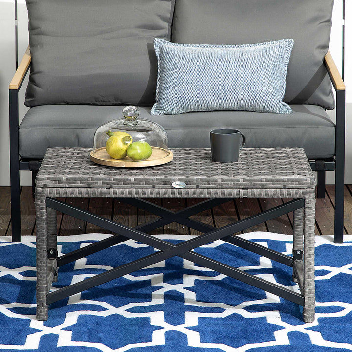 Outdoor Coffee Table, Garden PE Rattan Side Table with Plastic Board Under the Full Woven Table Top and X-Shape Frame for Patio, Balcony, Mixed Grey