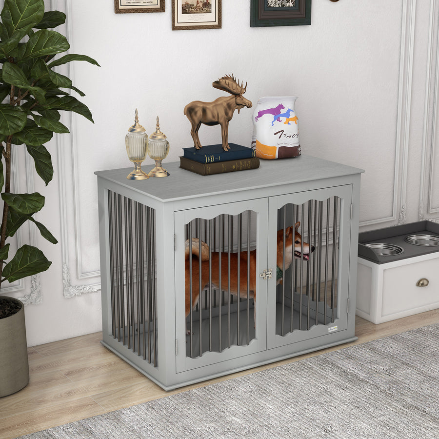 Dog Crate, End Table, with Three Doors, Locks, Latches for Large Dogs, Indoor Use - Grey