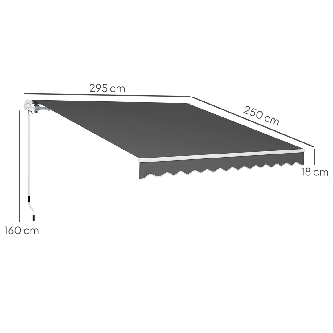 3 x 2.5m Garden Patio Manual Awning, Retractable Canopy Sun Shade Shelter with Fittings and Crank Handle, Dark Grey