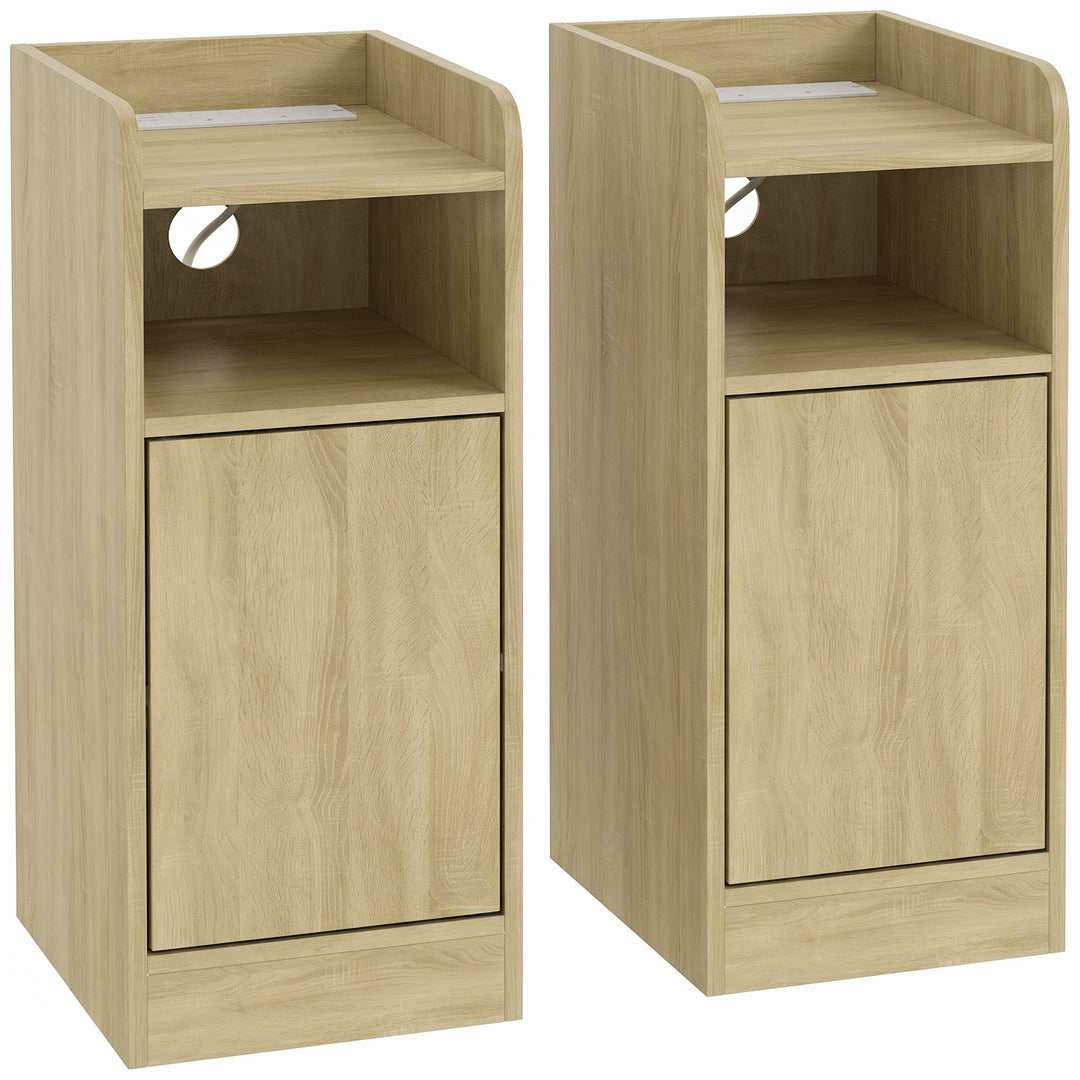 Slim Bedside Table Set of 2 with Charging Station, Narrow Bedside Cabi