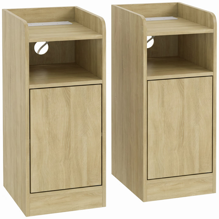 Slim Bedside Table Set of 2 with Charging Station, Narrow Bedside Cabi