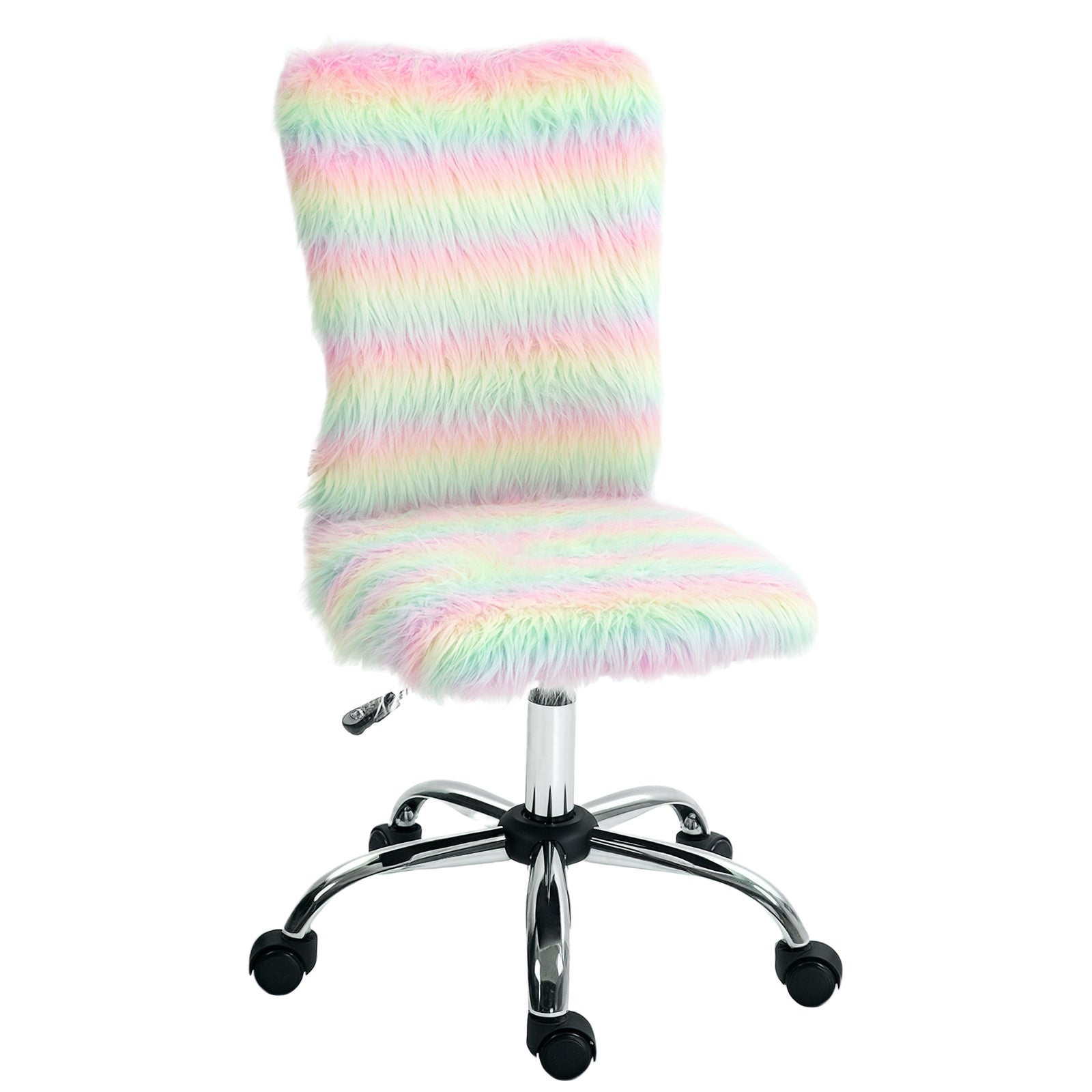Fluffy Desk Chair, Armless Students Chair, Makeup Vanity Chair with Adjustable Height, Rolling Wheels for Home Study Bedroom, Unicorn Tone