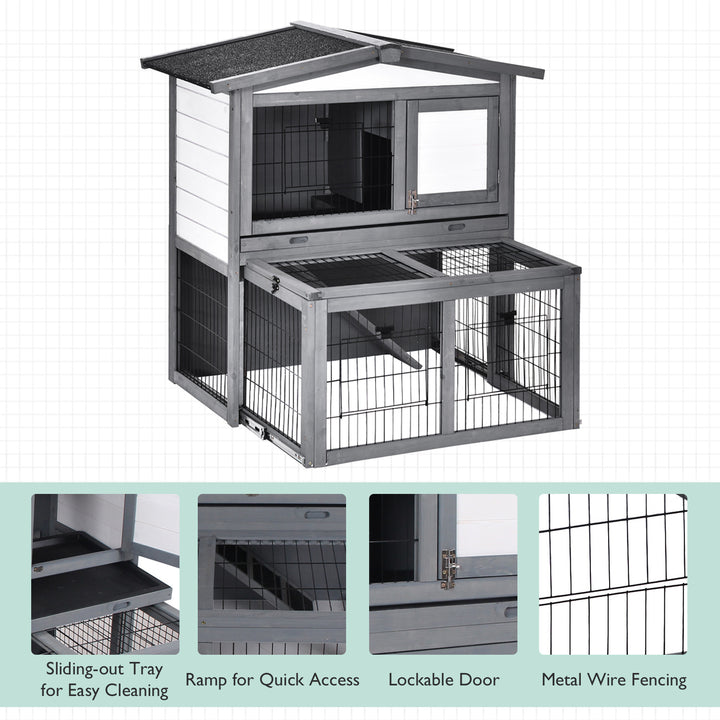 Rabbits 2-Tier Fur Wood Outdoor Hutch Guinea Pigs Hutches Grey
