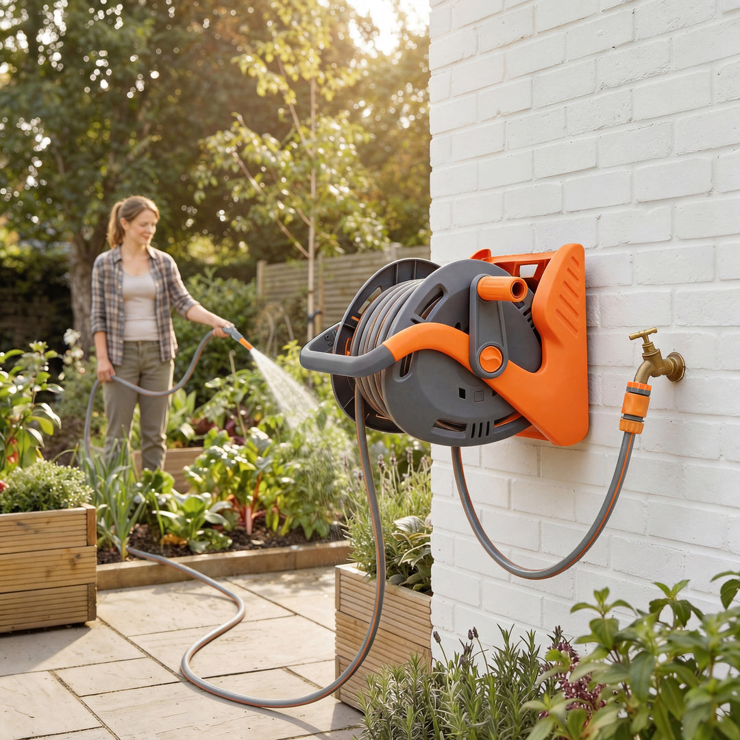 Portable Garden Hose Reel, 20+2 m Wall Mounted Hose Reel with 2 Patter