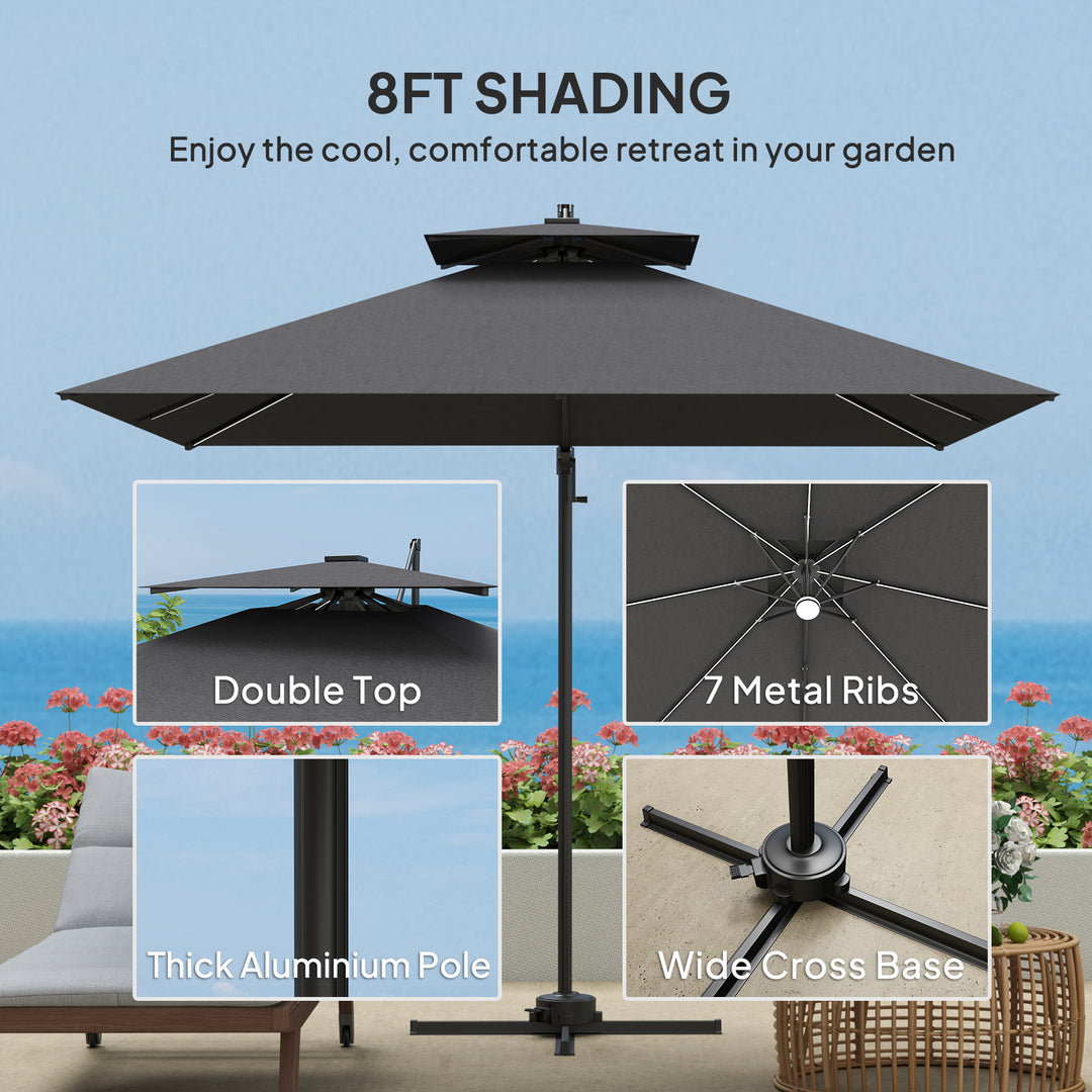 2.5m Cantilever Parasol with Solar Powered LED Lights, 360° Rotation, Tilt Adjustment, Crank Handle, Dark Grey