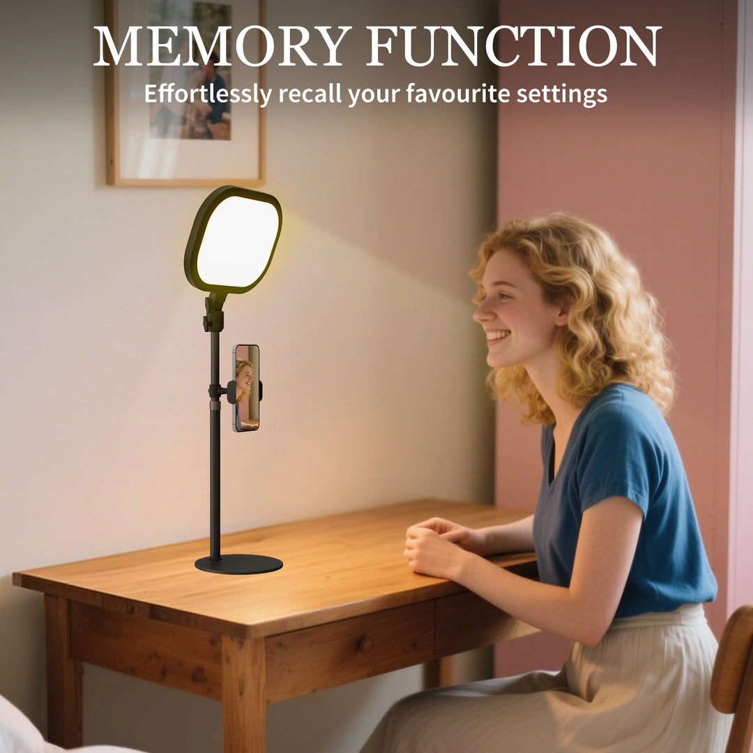 Selfie Light for Video Conference Lighting, Dimmable Desk Lamp with Stand Phone Holder, 5 Colour Modes & 10 Brightness Levels, Memory Function for Home Office, Recording, Video Calls, Black