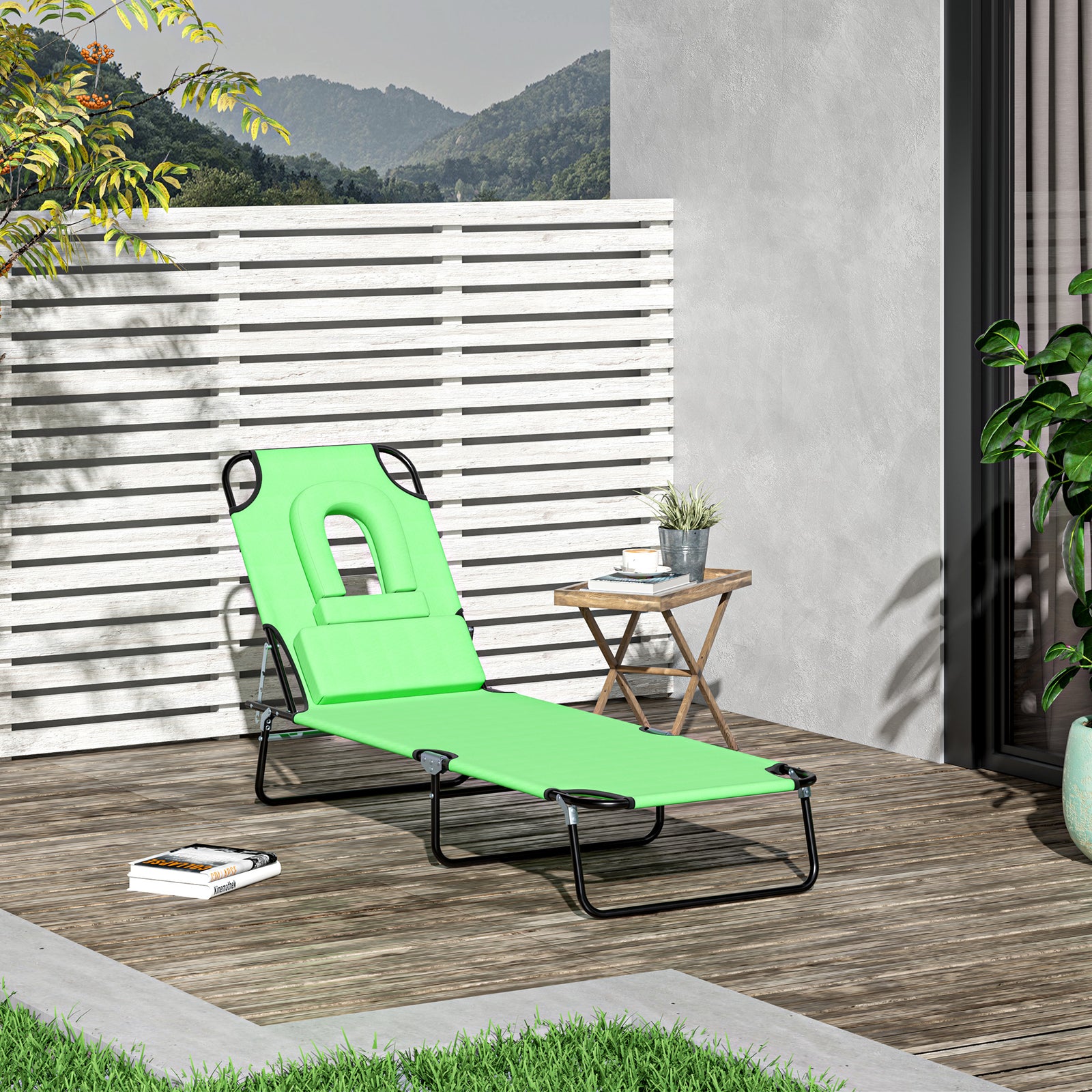 Outdoor Folding Sun Lounger with Face Hole, 4 Level Adjustable Backrest Reclining Garden Lounger, Garden Recliner Sunbed with 600 D Oxford Cloth Seat and Pillow for Beach, Green