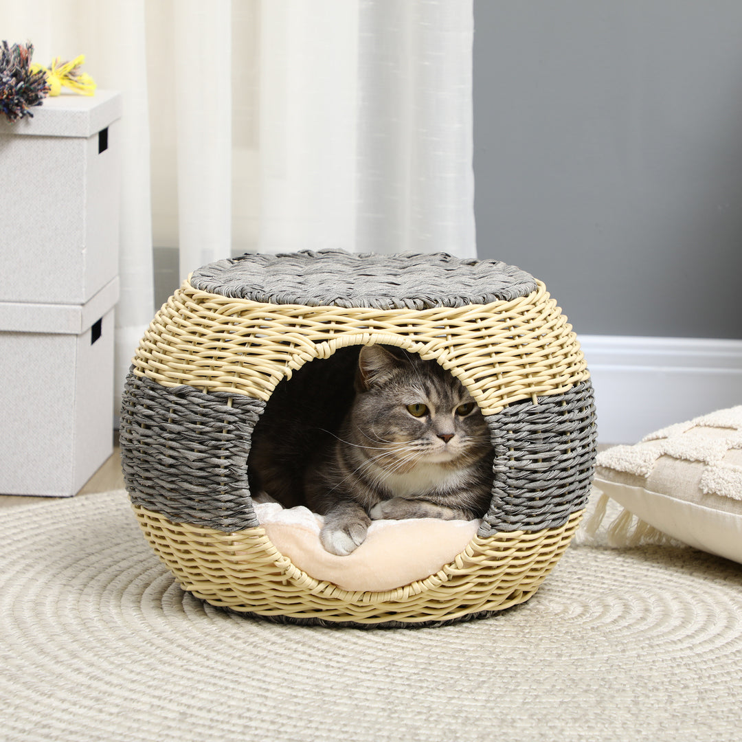 PawHut Wicker Cat Bed, Rattan Raised Cosy Kitten Cave, with Soft Washable Cushion, 妗?0 x 30cm | Aosom UK