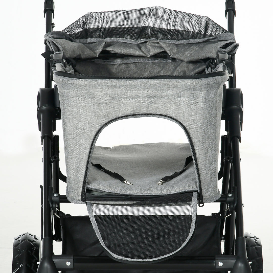 Dog Pram Pet Stroller for Small Dogs Cats, Foldable Dog Pushchair Trolley with Detachable Pet Carrier Bag, Shock Absorber, Adjustable Handlebar, Grey