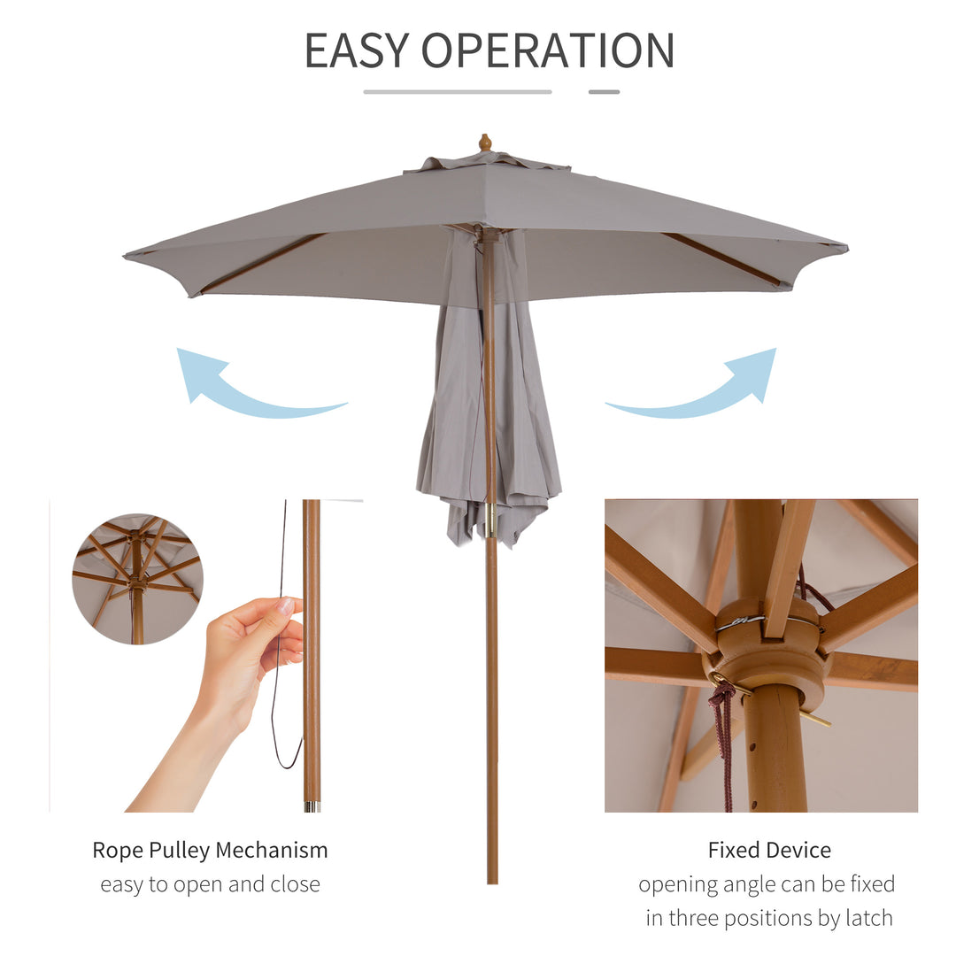 2.5m Wood Garden Parasol Sun Shade Patio Outdoor Wooden Umbrella Canopy, Table Market Umbrella with Vent, 38mm Pole, Rope Pulley Mechanism, Grey