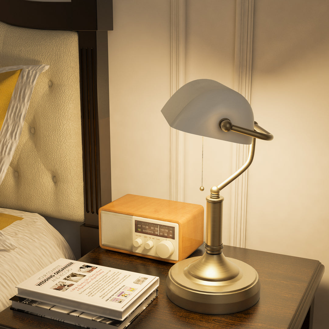 Banker's Desk Lamp with Antique Bronze Tone Base, Table Lamp with White Glass Shade for Home Office, White