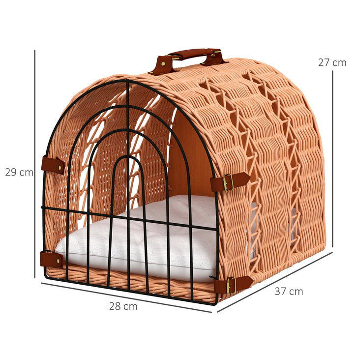 PawHut Rattan Cat Transport Basket, Cosy Kitten Bed with Soft Pillow, Portable Pet Hideaway, 37 x 28 x 29 cm, Orange