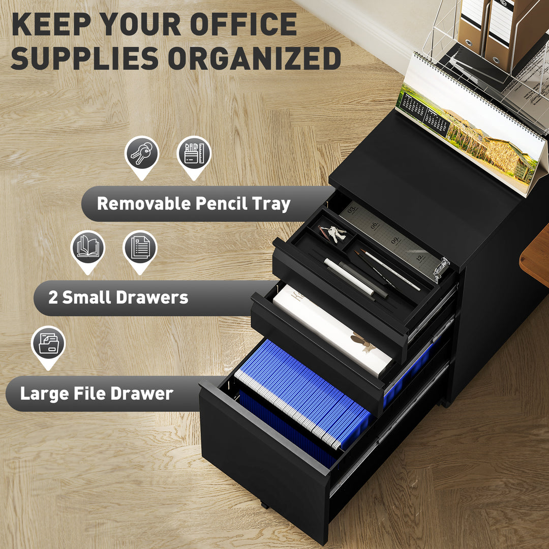3-Drawer Steel Filing Cabinet with Lock and Wheels - Black