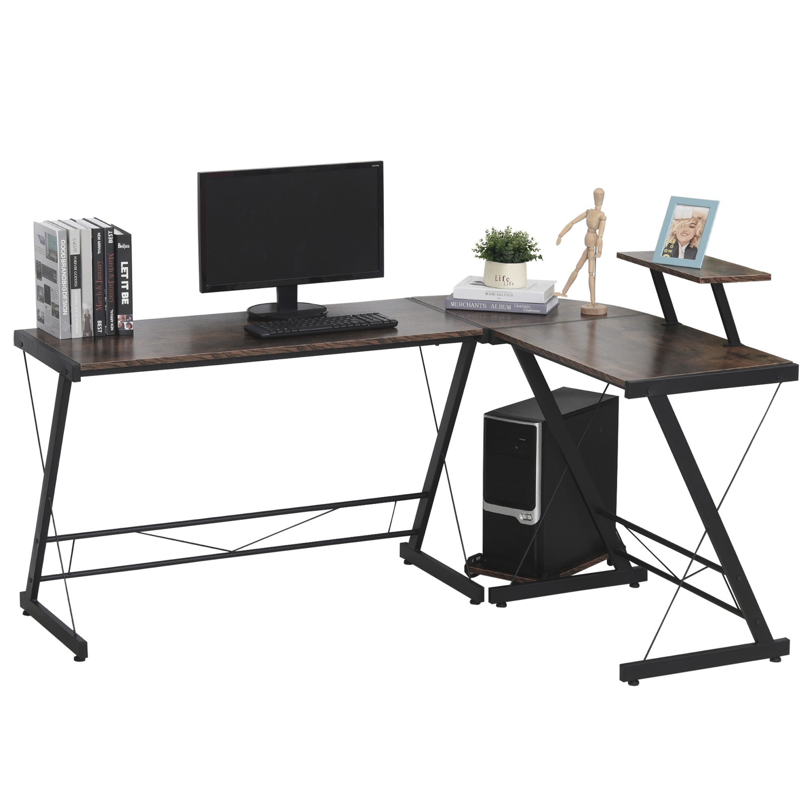 L Shaped Corner Desk, Gaming Desk, Computer Table with Monitor Stand and CPU Stand, Study Workstation for Home Office, 155 x 115 x 91.5cm, Rustic Brown and Black