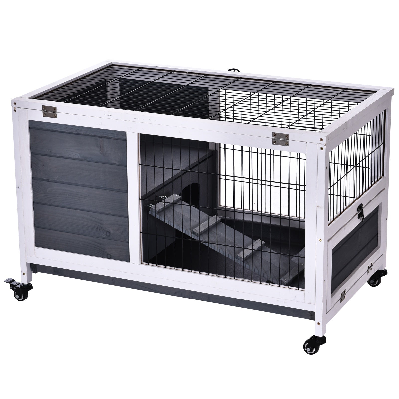 Rabbits Indoor Fir Wood Lift-Top Hutch Guinea Pigs Hutches-Grey and White