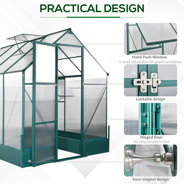 6x8 FT Polycarbonate Greenhouse with Base and Raised Bed, Walk-in Greenhouse with Aluminium Frame, Temperature Controlled Window, Foundation for Plants, Flowers, Vegetable