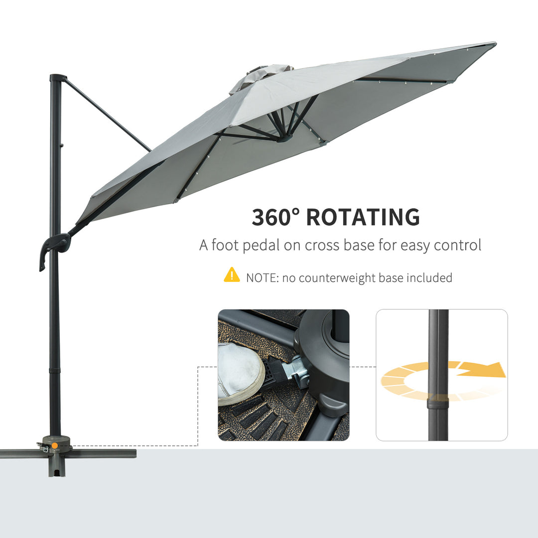 3(m) LED Cantilever Parasol Garden Sun Umbrella w/ Cross Base and Solar Lights Grey