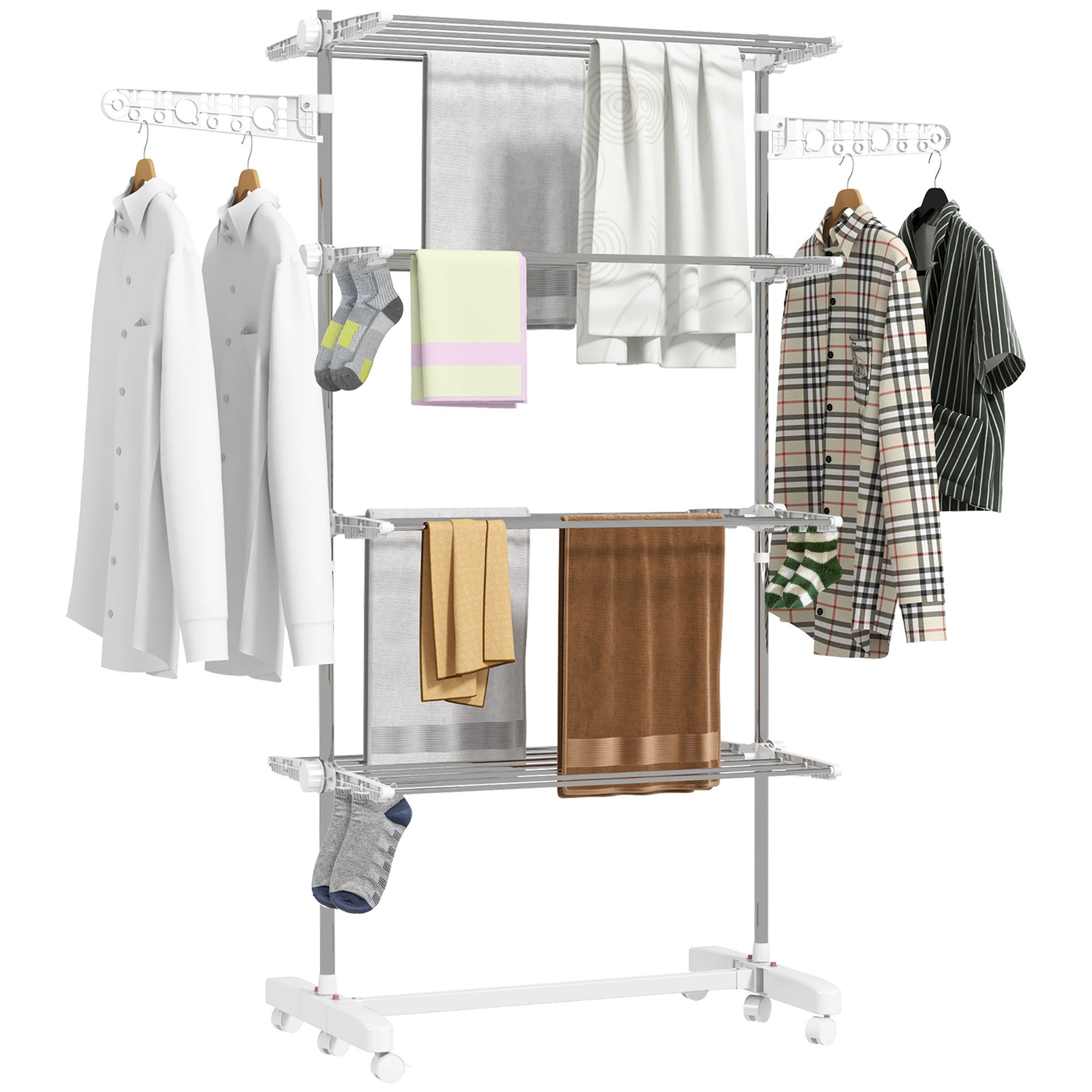 Four-Shelf Collapsing Clothes Horse, With Side Arms and Wheels - White