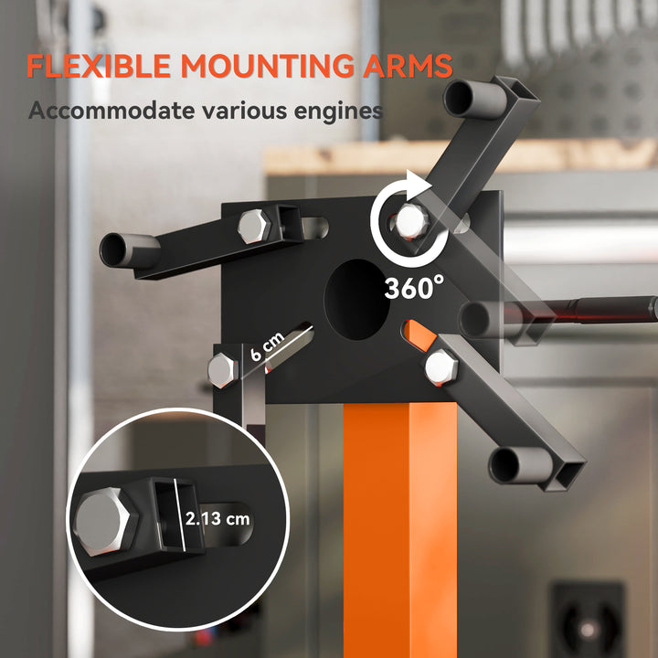 Engine Stand, 570 kg Rotating Engine Stand with 360 Degree Adjustable Head, 4 Mounting Arms, Heavy Duty Steel Support, Universal Wheels for Garage Workshop Auto Repair, Orange