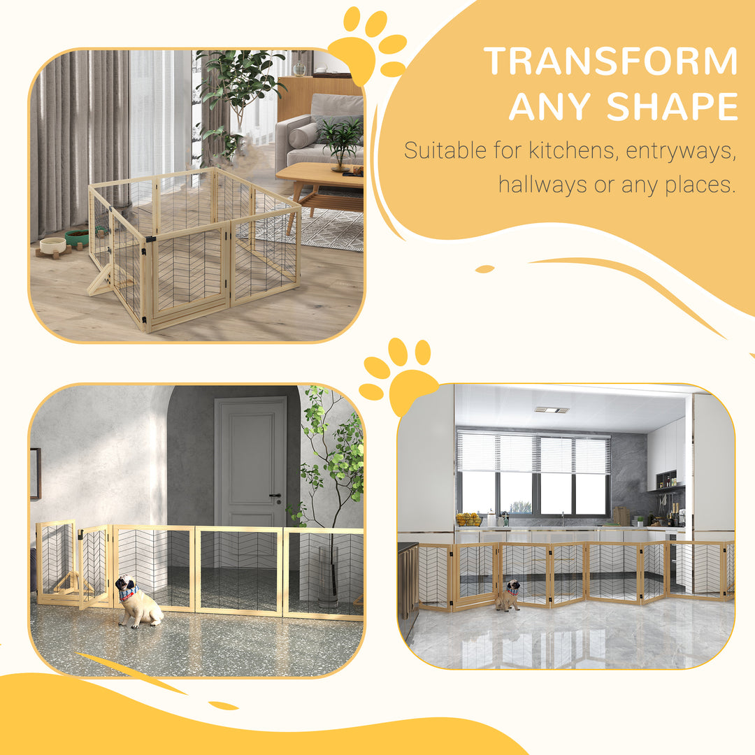 8 Panels Foldable Pet Gate with Support Feet, for House, Doorway, Stairs, Small and Medium Dogs - Natural Wood