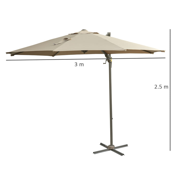 Outsunny 3M Cantilever Parasol, Roma Umbrella with Tilt Crank and 360° Degree Rotating System, Hanging Sun Shade, Khaki