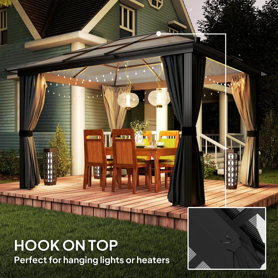 3 x 3.6m Hardtop Gazebo Canopy with Polycarbonate Roof, Aluminium Frame, Permanent Pavilion Garden Gazebo with Netting and Curtains for Patio, Deck, Dark Grey