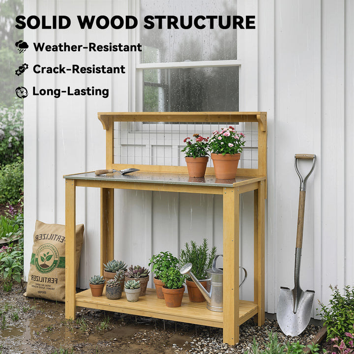 Wooden Potting Bench Table with Aluminium Worktop, Outdoor Garden Work