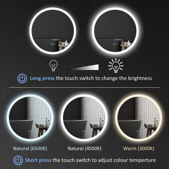 Round Bathroom Mirror with LED Lights, Wall-Mounted Dimmable Makeup Mirror with 3 Temperature Colours, Defogging Film, Memory Function, Hardwired, 70 x 70 cm