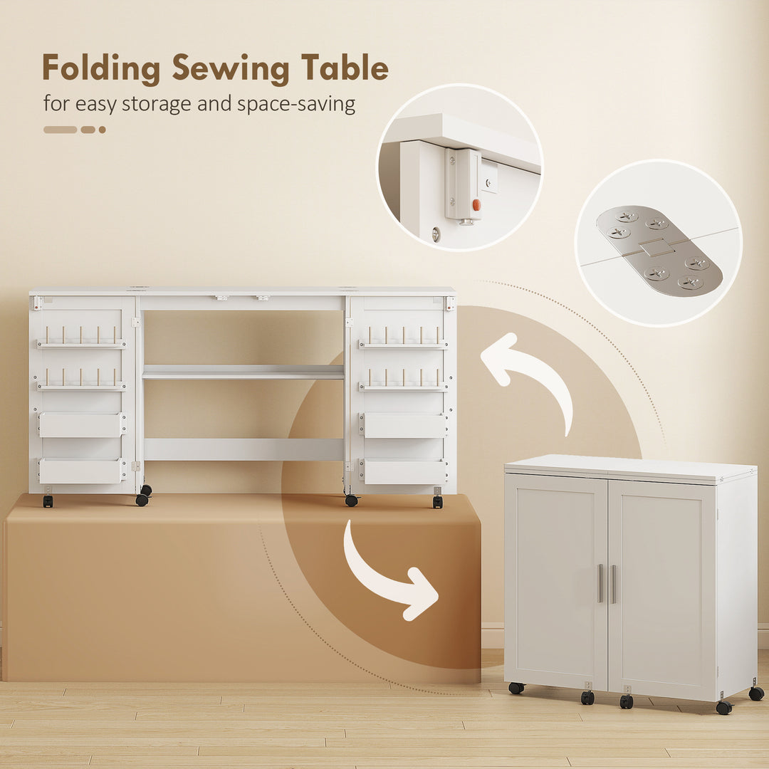 Folding Sewing Table with 2 Magnetic Doors, Storage Shelf, Lockable Wh