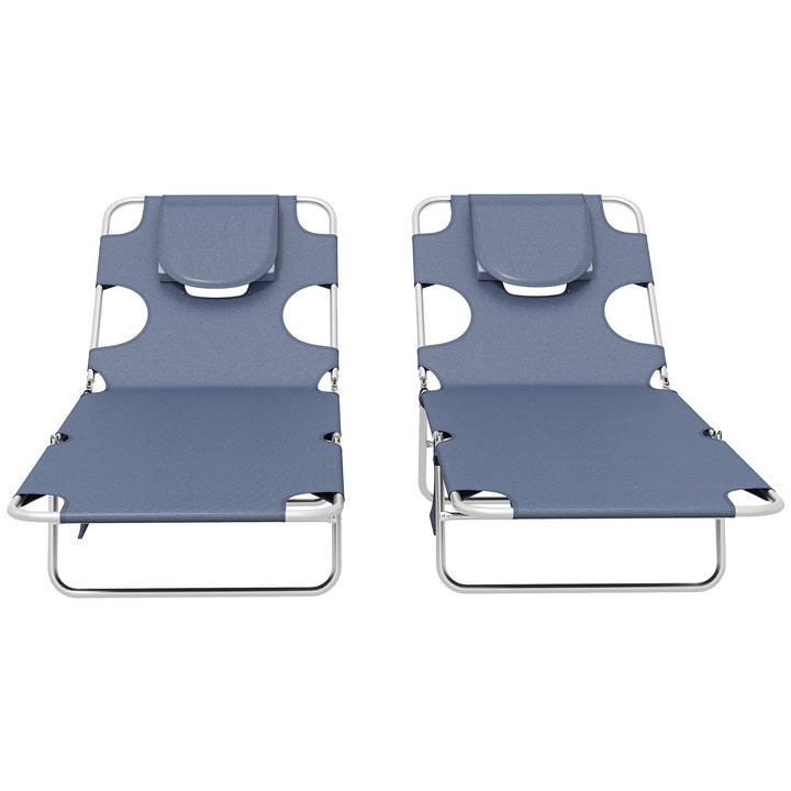Foldable Sun Lounger Set of 2 with Reading Hole, Portable Sun Lounger with 5 Level Adjustable Backrest, Reclining Lounge Chair with Side Pocket, Headrest Pillow, Grey