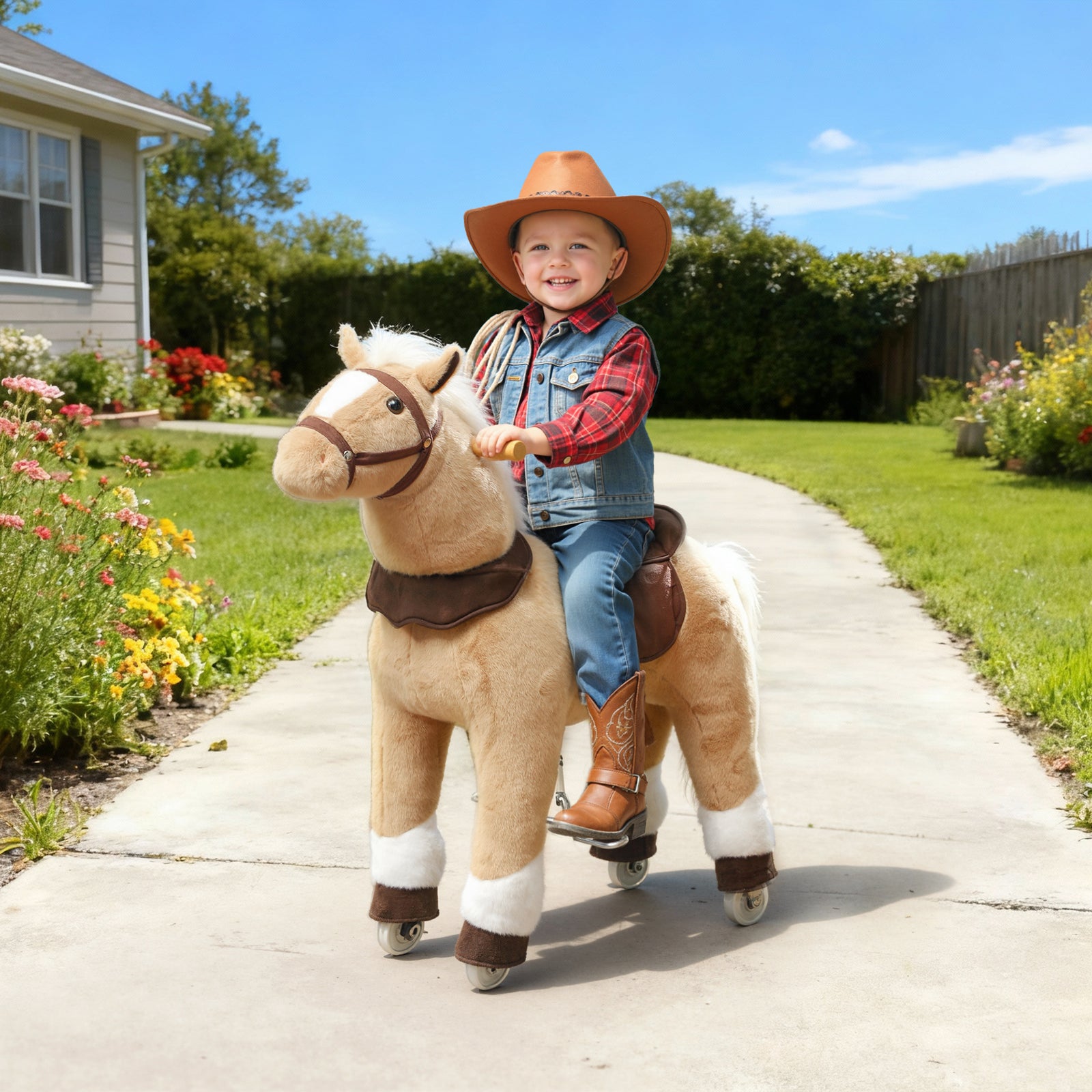 Rocking Horse, Plush Ride On Horse with Rolling Wheels & Saddle, Ride 