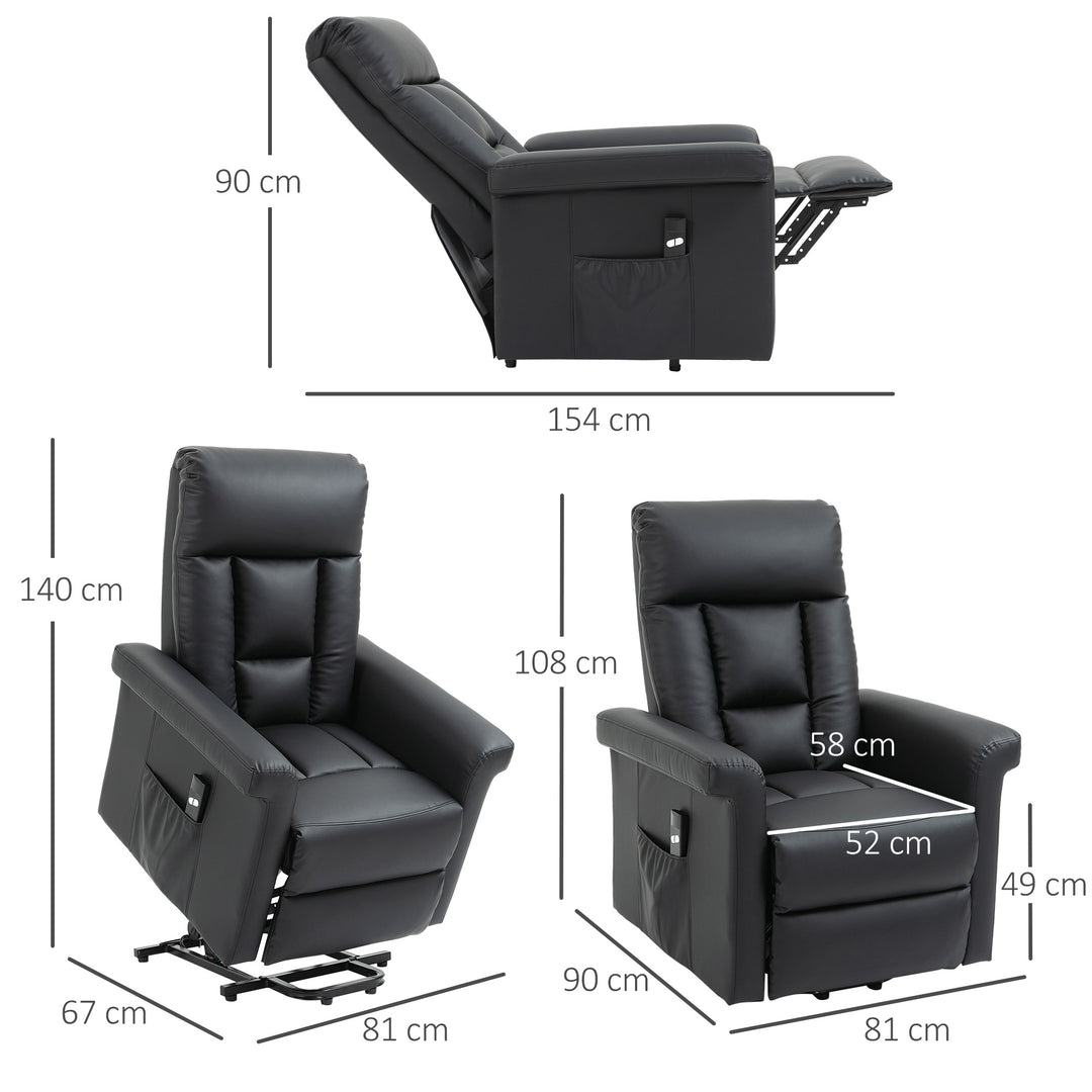 MCL Power Lift Chair Armchair for the Elderly, PU Leather Recliner Chair with Extended Footrest, Remote Control and Side Pocket, Black